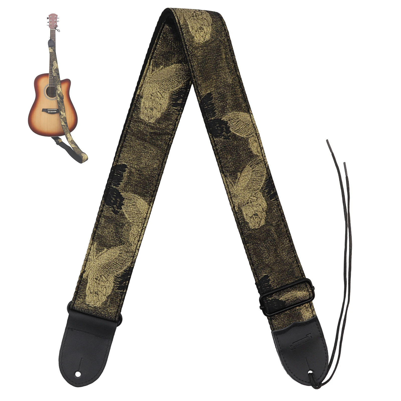 Embroidered Butterfly Guitar Strap for Acoustic Electric Guitar Bass with Genuine Leather Ends,Adjustable 80-144cm ShoulderStrap