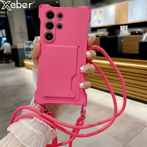 Silicone Wallet Crossbody Necklace Lanyard Card Holder Case For Samsung S25 S24 Ultra S23 FE S22 Plus A54 A53 A34 A14 Soft Cover