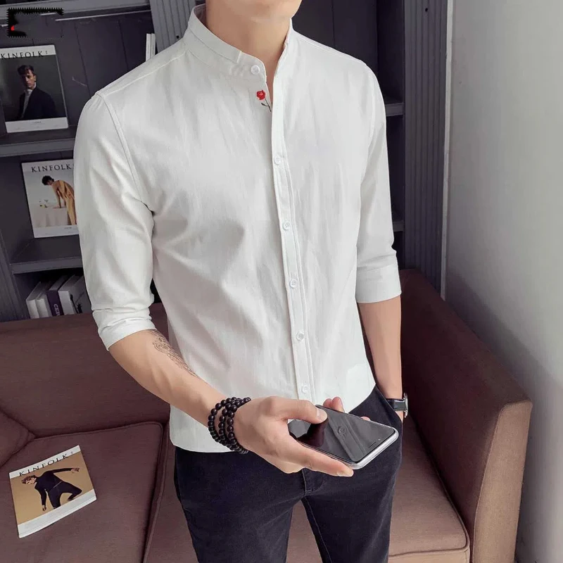 

Men's Youth Trend 2024 New Summer Patchwork Stand Collar Button Fashion Solid Slim Minimalist Casual Seven Quarter Sleeve Shirts