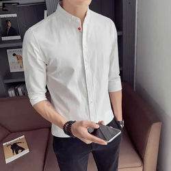 Men's Youth Trend 2024 New Summer Patchwork Stand Collar Button Fashion Solid Slim Minimalist Casual Seven Quarter Sleeve Shirts