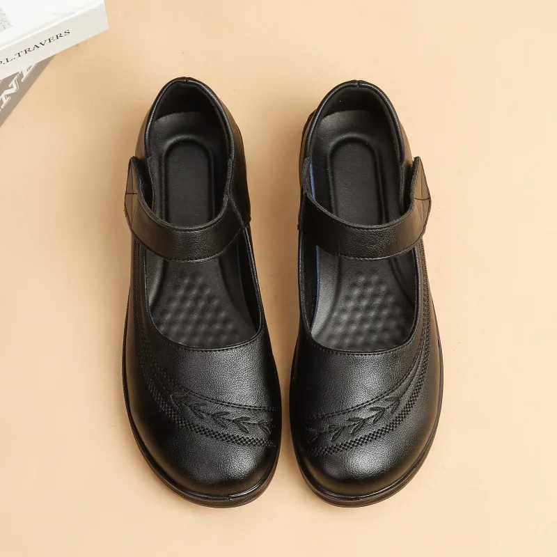 

New black flat spring shoes comfortable elderly woman mary jane flats lady 1980s retro student uniform office shoes big size 42