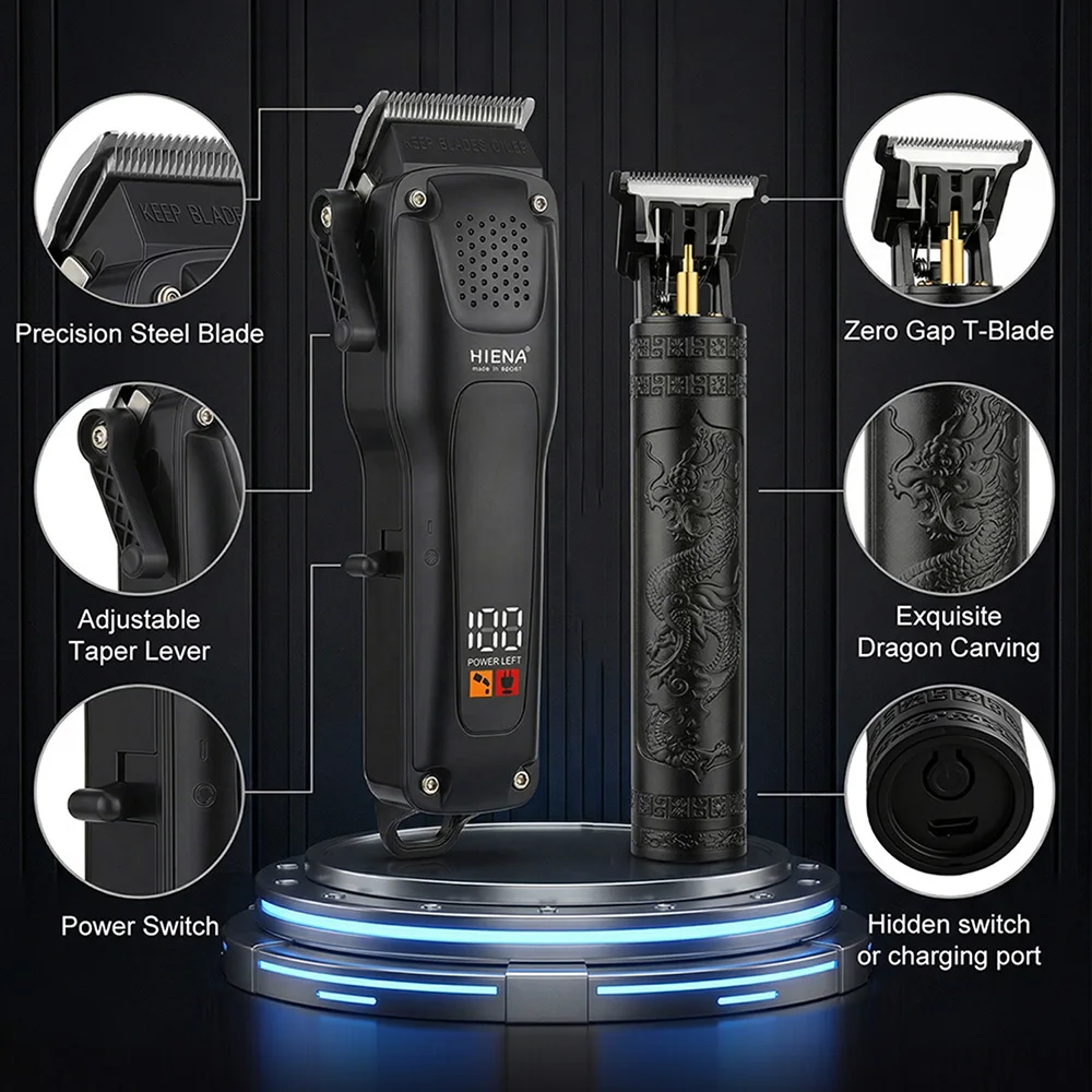 HIENA 3in1 Hair Clippers Set Men Professional Hair Trimmer Waterproof Led Digital Display Electric