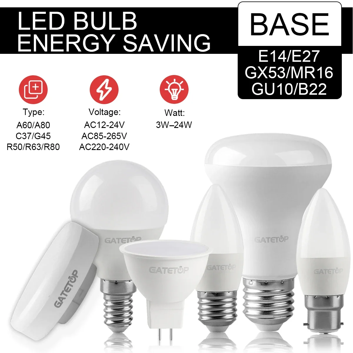 LED Light Bulbs Spotlight AC220-240V 24W 18W 15W LED Bulb Energy Saving Bulbs E27 E14 GU10 Standard Base Lighting LED Bombilla