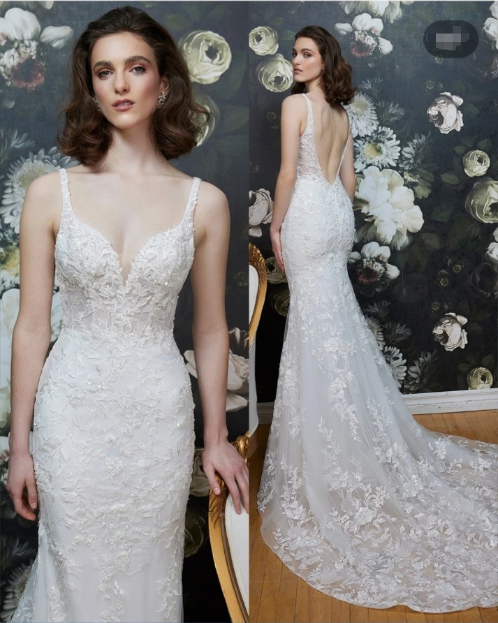 A Line V Neck Tulle Bridal Gowns with Appliques Wedding Dresses  open Back Court Train