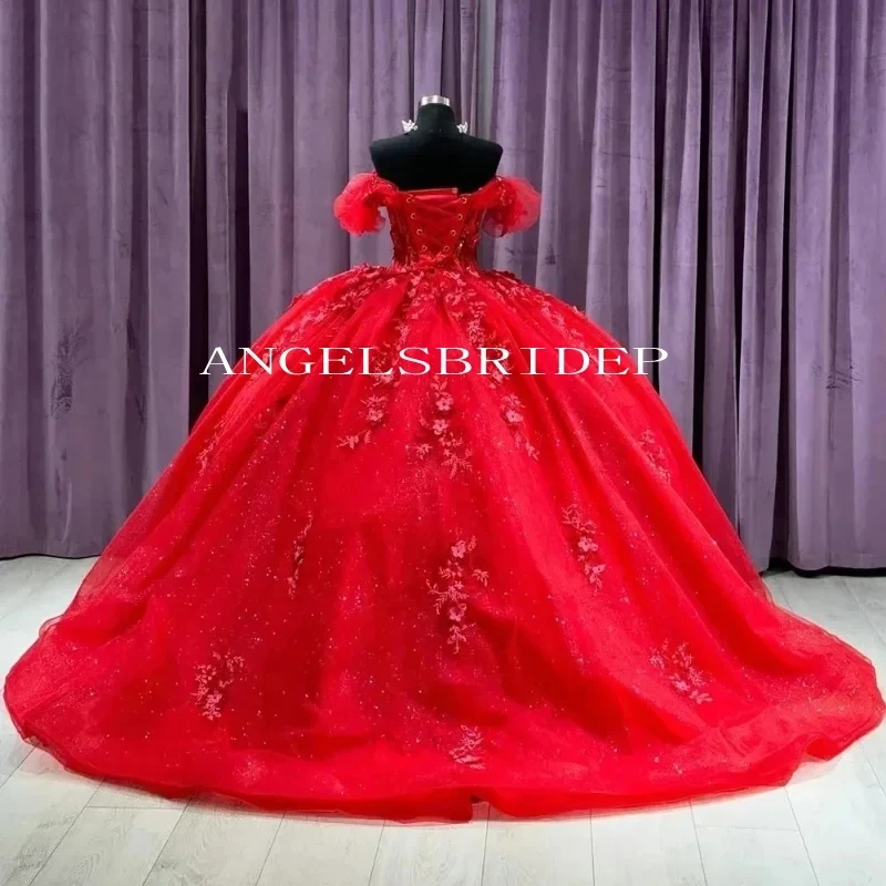 Angelsbridep Red Princess With Floral Ball Gown Sweet 15 Year Old Quinceanera Dresses Luxury Formal Party Gown