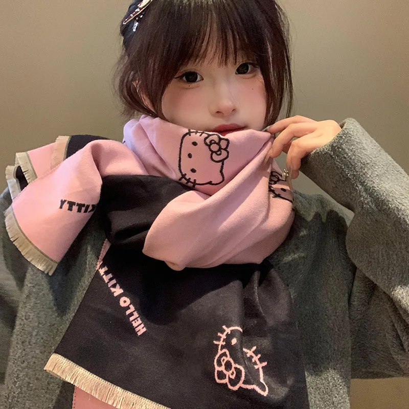 

Sanrio Cute Hello Kitty Double-sided Scarf for Women in Autumn and Winter Kuroemi Warm and Versatile Neck Scarf Shawl for Women