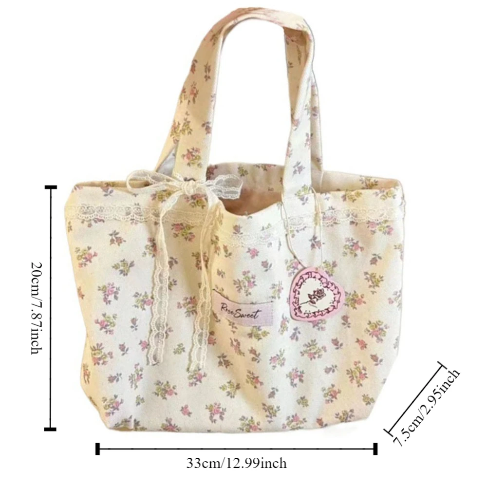 Canvas Tote Bag For Women Large Capacity Print Canvas Shoulder Bags With Sweet Lace Bow