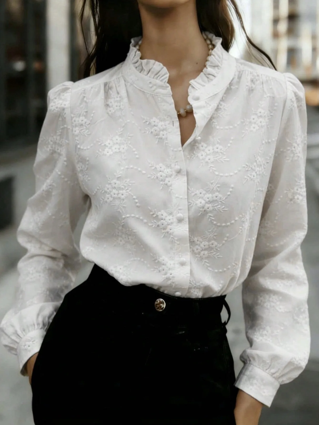 B 2026 New Women Ruffle Stand Collar Floral Embroidered Blouse Puff Long Sleeve Button‑Down Loose Office Casual White Shirts