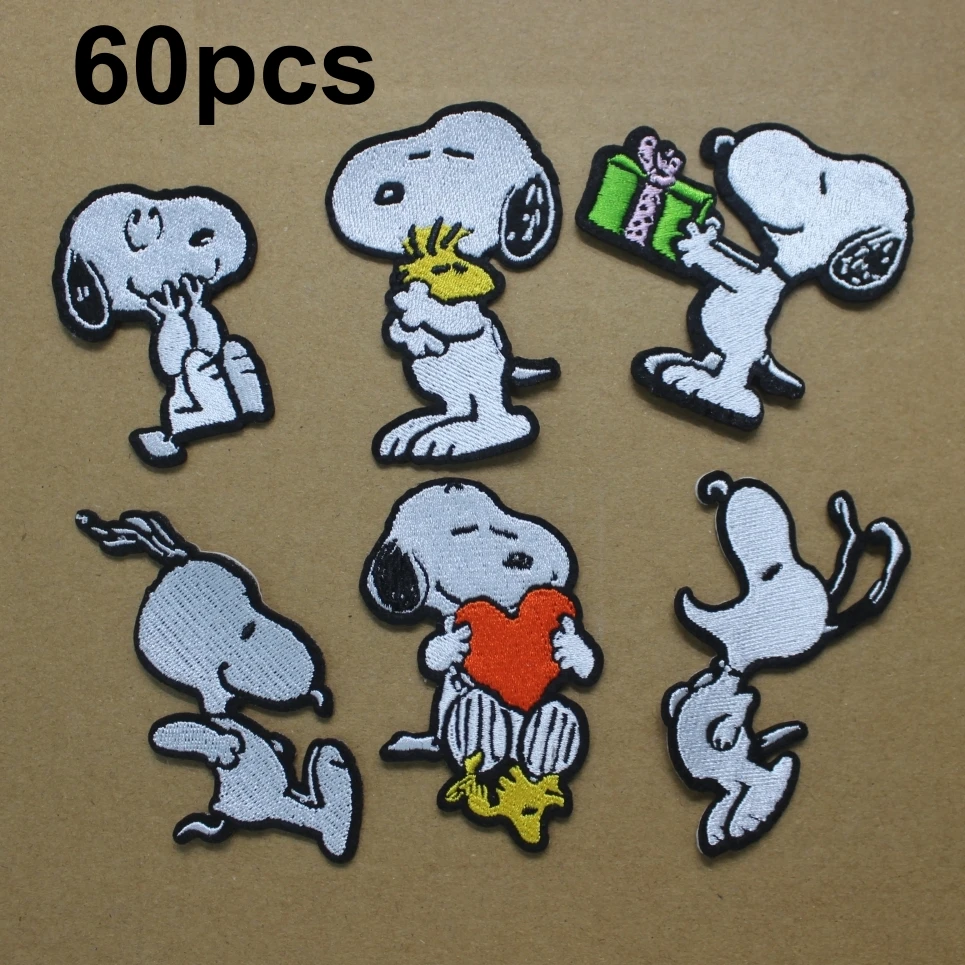 60piece Snoopy Dog Pattern Embroidered Patches Iron-On/Sew-On Animal Self-Adhesive Clothing Appliques Cosplay Decoration