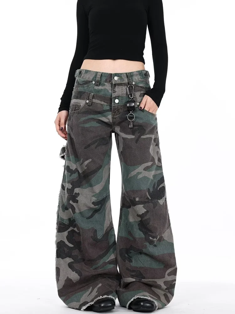 

2025 Cyber Y2K Style Camouflage Patchwork Baggy Stacked Cargo Jeans Pants For Women Clothing Lady Long Trousers Pantalon Femme