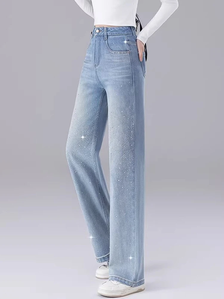 High Waist Wide Leg Denim Jeans Women's Spring Summer New Style Slimming Loose Straight Leg Pants Glittering Elegant Fashion
