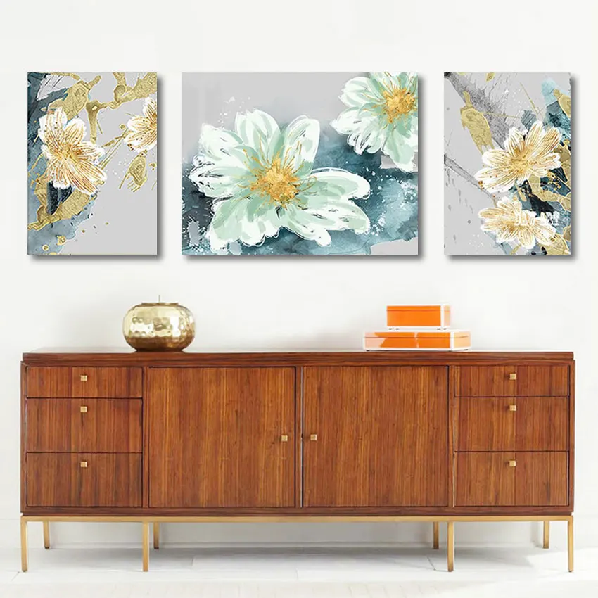 3PCS Design Unframed Canvas Roll Decor Gold Foil Abstract Flowers Pictures, Hotels Artwork, Modern Art Bedroom Wall Painting