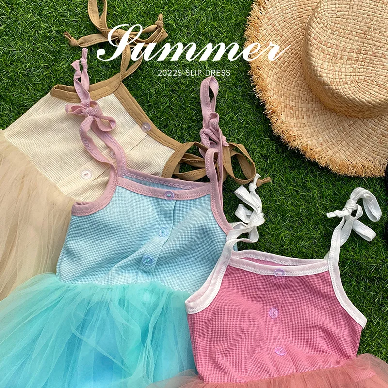 Kid Girls Summer Dress Waffle Tutu Dress with Layers Soft Tulle on Lined Skirt Children Princess Dress