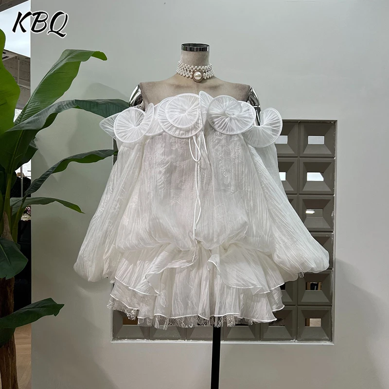 

KBQ Solid Spliced Folds Loose Causal Dresses for Women Slash Neck Off The Shoulder Sleeve Minimalist Dress Female Fashion New