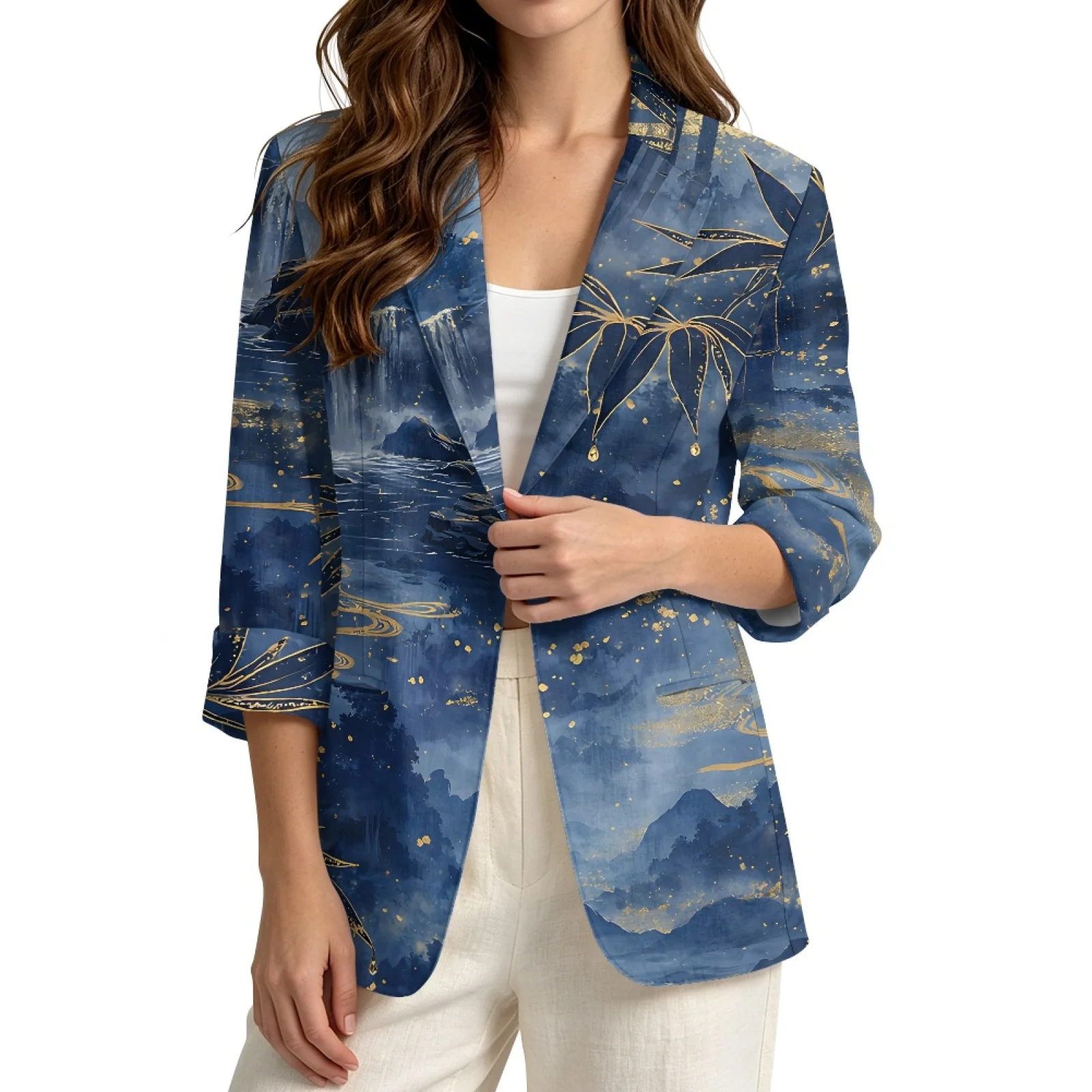 PENSTROLL Blue Gold Print Cozy Layering Top for Women Linen Style Open Front Top Beach Cover Ups