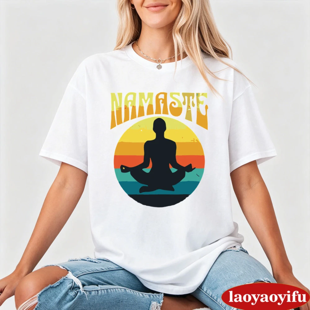 Namaste Yoga Meditation T Shirt Vintage Sunset Graphic Short Sleeve Cotton Casual Tee for Women Spiritual Relax Gift Daily Tops