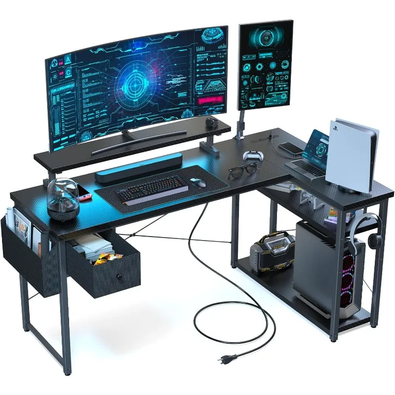 Gaming Desk, L Shaped Gaming Desk, Computer Desk with LED Lights & Adjustable Stand, Power Outlets, Storage Drawer