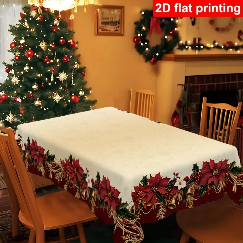 Christmas Rectangle Tablecloth Poinsettia Holly Border Waterproof Spillproof Xmas Family Dining Dinner Table Cover Decor
