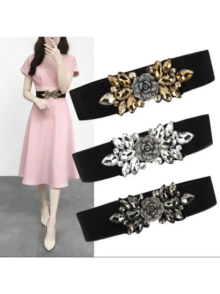 Suitable For Waist 65- 90cm Crystal Flower Elastic Belt Women Fashionable All Match Dress Decoration Wide Seal Body  Accessories