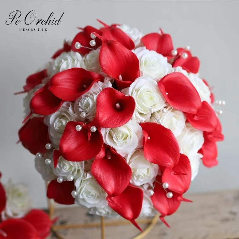 PEORCHID Ramo Boda 2025 Faux Ivory Red Real Touch Calla Lilies Roses Bridal Bouquet Vintage Fake Flowers Wedding Bouquets