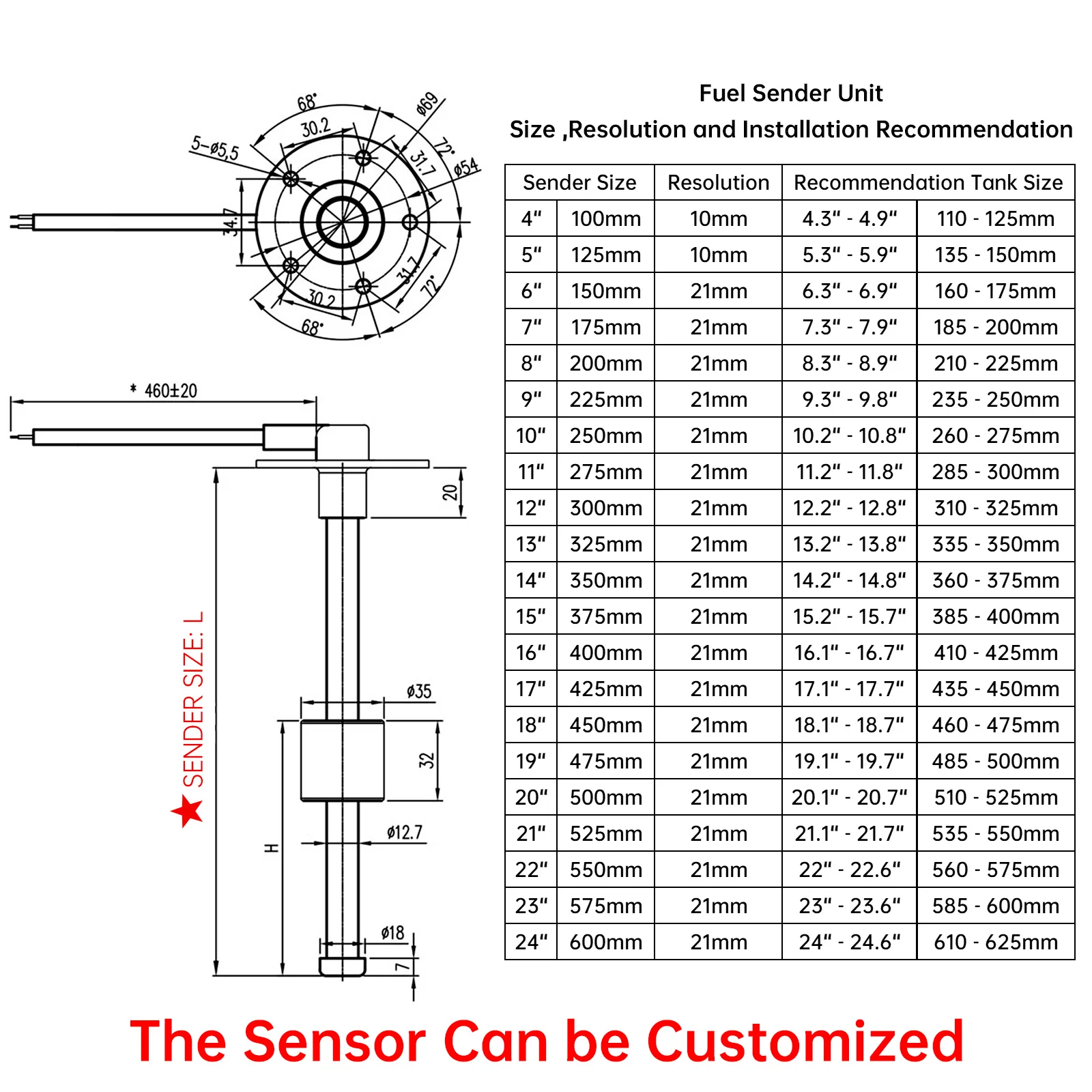 Marine-Boots- und Auto-Kraftstoffstandsensor mit Anzeige, Tankmesser 0~190 Ohm, 52mm Kraftstoffanzeige für Kraftstoffsendeinheit mit 100~600 mm – Detail 14
