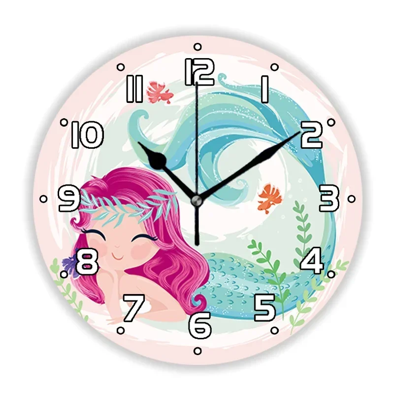 Girly Cute Cartoon Mermaid Wall Clock for Kid Bedroom Girl Nursery Little  Art Large  Watch Home Decor Daughter Gift