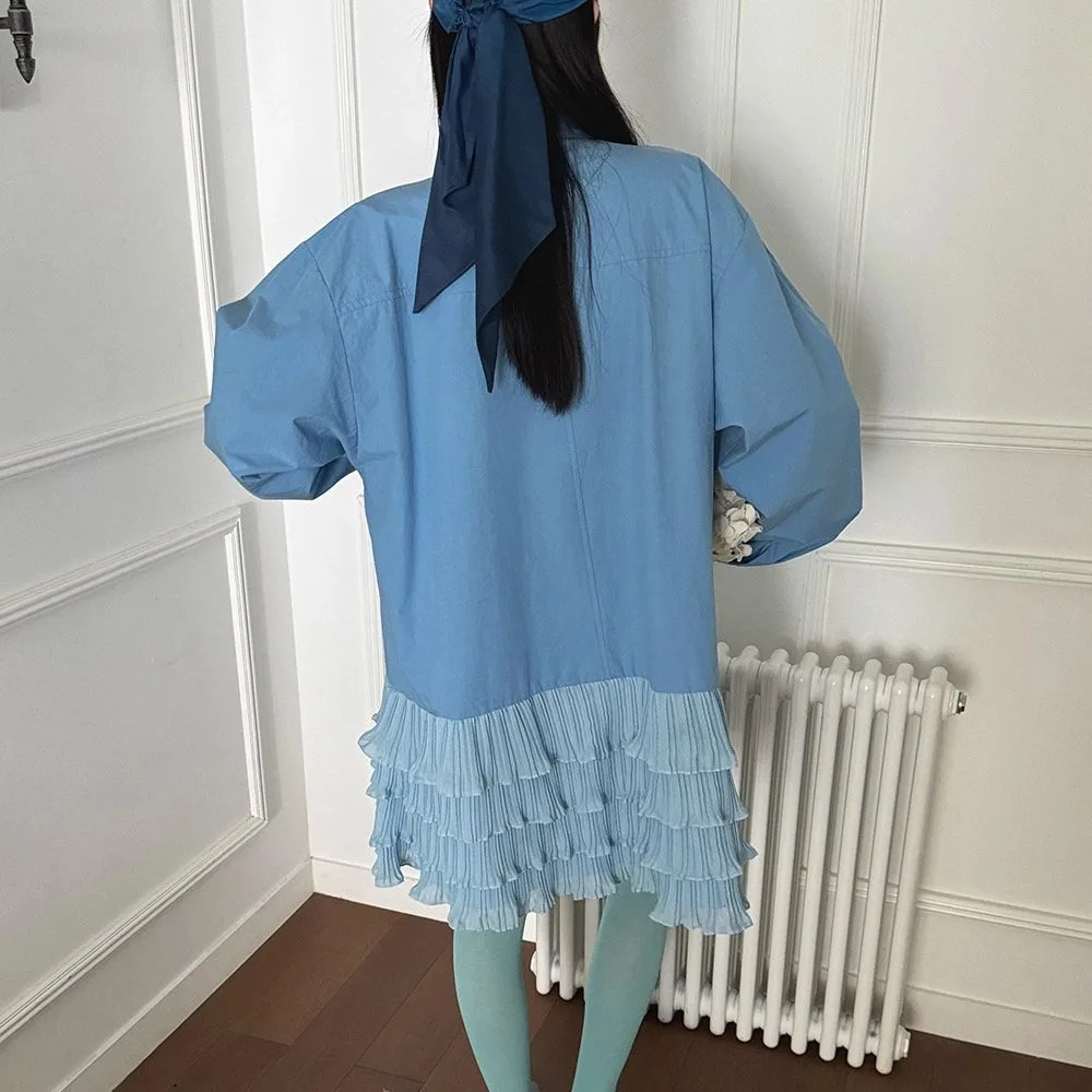 Outono feminino coreano dongdaemun nicho design sentido, cor contrastante emenda bolo camisa vestido