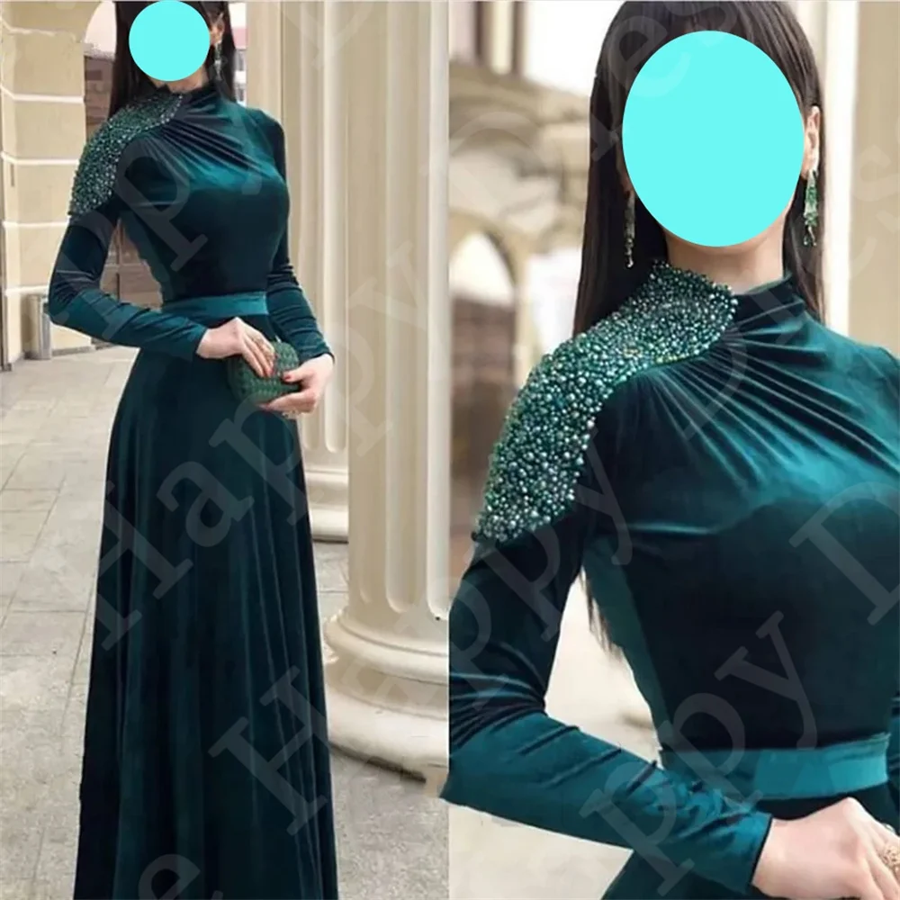 Robe de Soirée en Velours à Col Haut et Manches sulf, Tenue de Bal de Forme Trapèze avec Perles, Arabe de Dubaï, Nouvelle Collection 2024