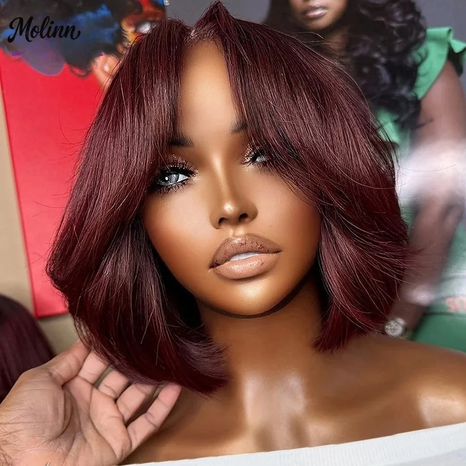 99J Burgundy Red Short Bob Lace Front Wig with Bangs 13x4 HD Straight Wig Synthetic Daily Cosplay Makeup Use On Clearance Sale