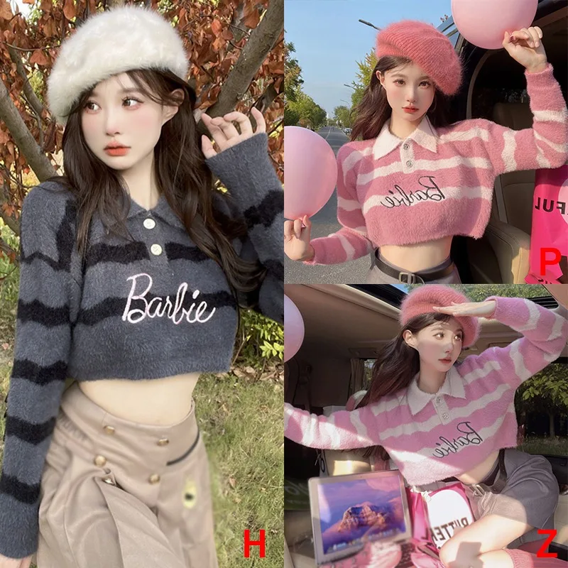 Women Striped Sweater Sweet Long Sleeve Loose Sweater Knit Pullover Jumper Crop Tops