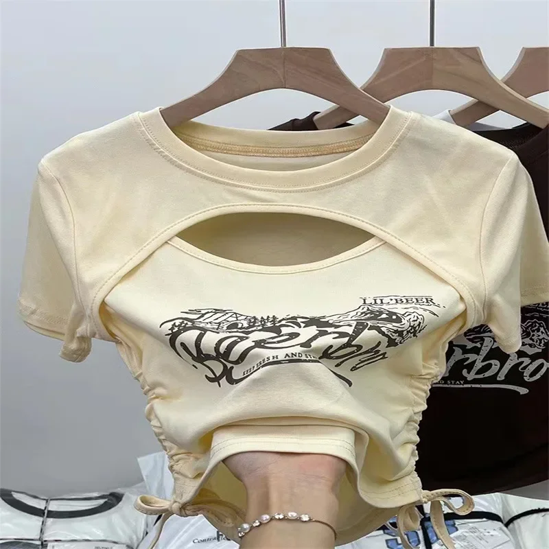 vintage short sleeve T-shirt baby girls open chest hollow out hip hop dancing Korean kids clothes teenage tshirts 3 to 16 years