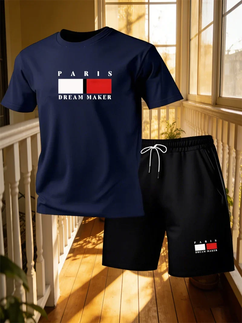 Men's Paris Printed Short Sleeved Round Neck T-shirt Shorts 2-piece Set, Home Style Loose Casual Suit, Men's Printed Sportswear image 2