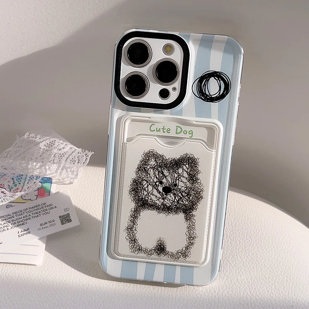 Blue Stripe Cartoon Graffiti Puppy Insert Card Card Pocket Cover Case for iPhone 16 15 14 13 12 11 Pro Max 7 8 Plus Xs Max XR X