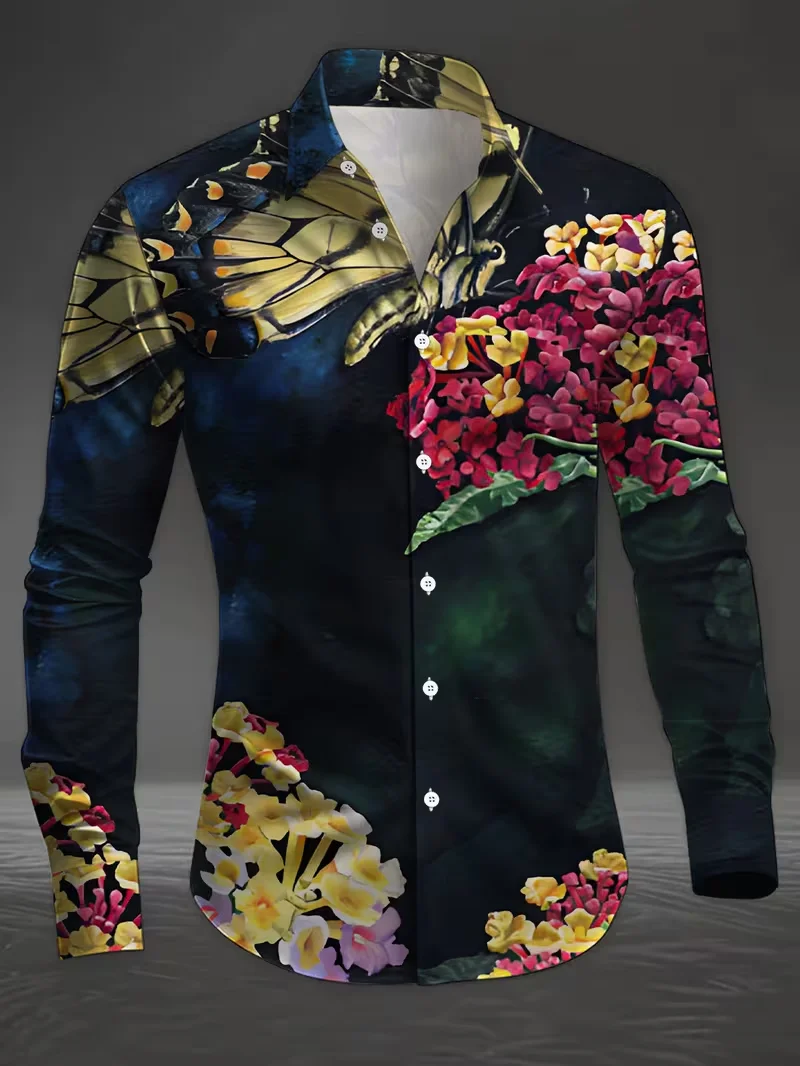 

Новая мужская романтическая рубашка со сверкающими розами, рубашка на пуговицах с длинными рукавами, готическая уличная рубашка с лацканами и принтом