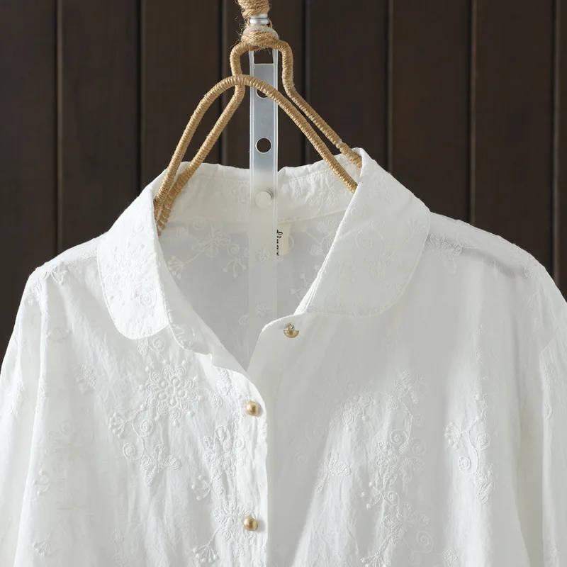 

[Ready Stock] High Quality Womens 100% Cotton Embroidery Blouse Shirt Jacquard Embroidered Button Up Long Sleeve Shirts