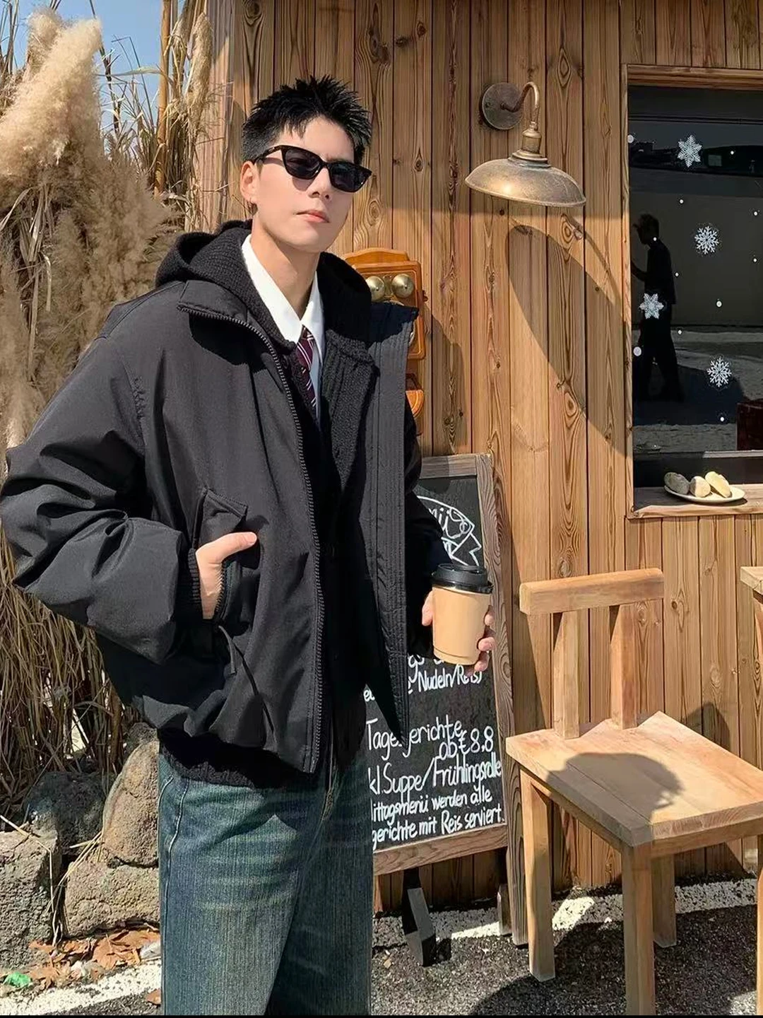 

Bla ort Stand Collar Jaet Men's Winter American Sle Baseball Cotton Clothes Thiened Outerwear Faion Urban Daily