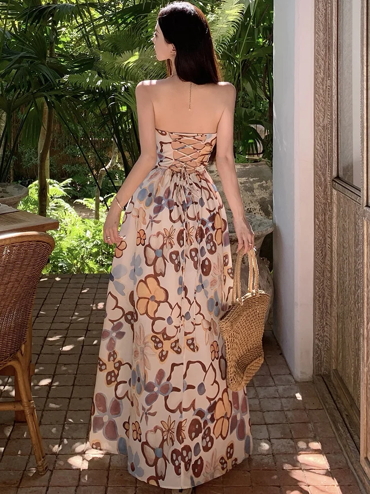 Letni nadruk bandaż owijanie klatki piersiowej seksowna sukienka Maxi kobiety styl plażowy Casual Dress 2025 koreański elegancki luksusowy festiwal Vestidos