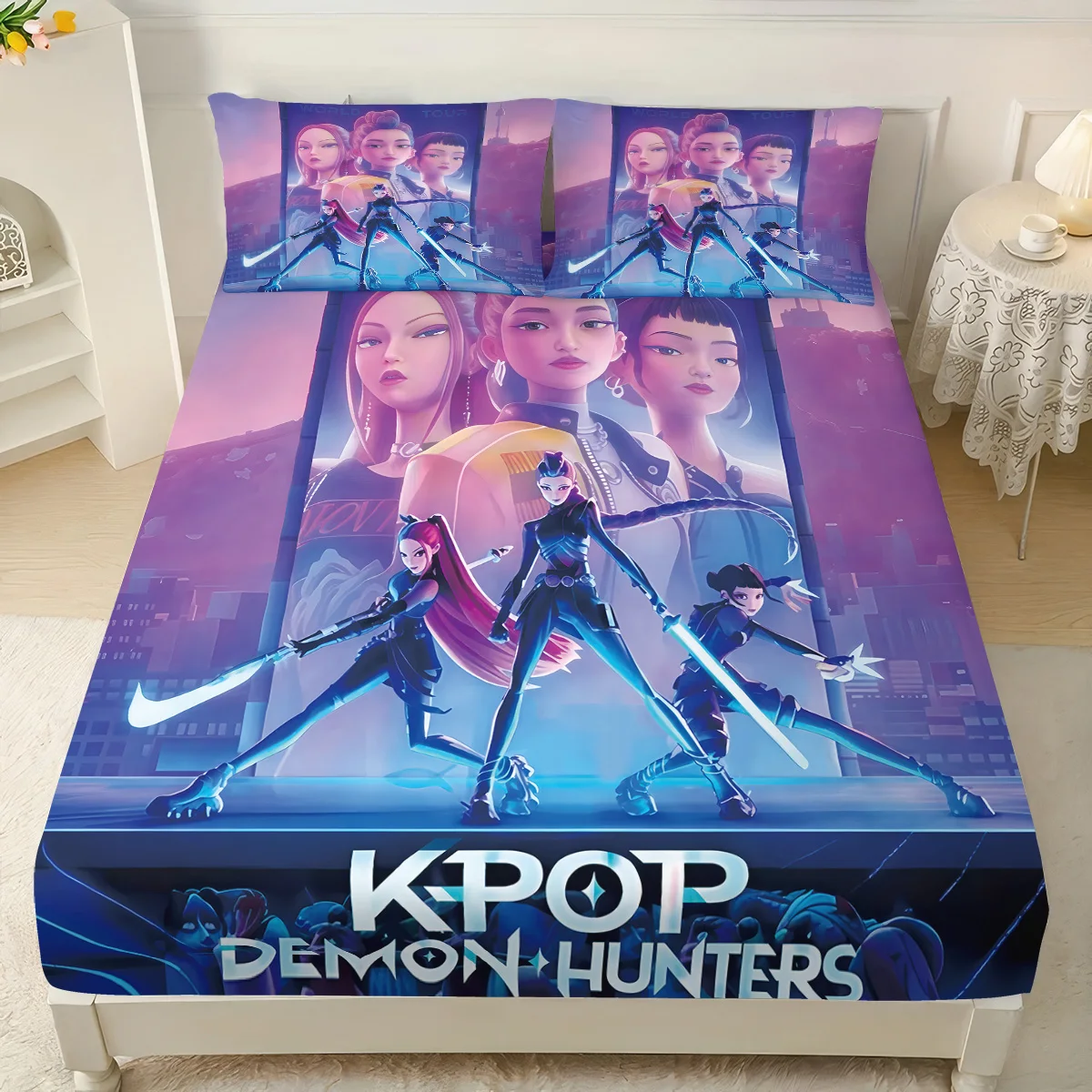 3pcsK-Pop شيطان الصيادين المطبوعة Chipless غطاء سرير مجموعة متعددة الحجم لينة غطاء السرير غرفة نوم الفراش آلة قابل للغسل