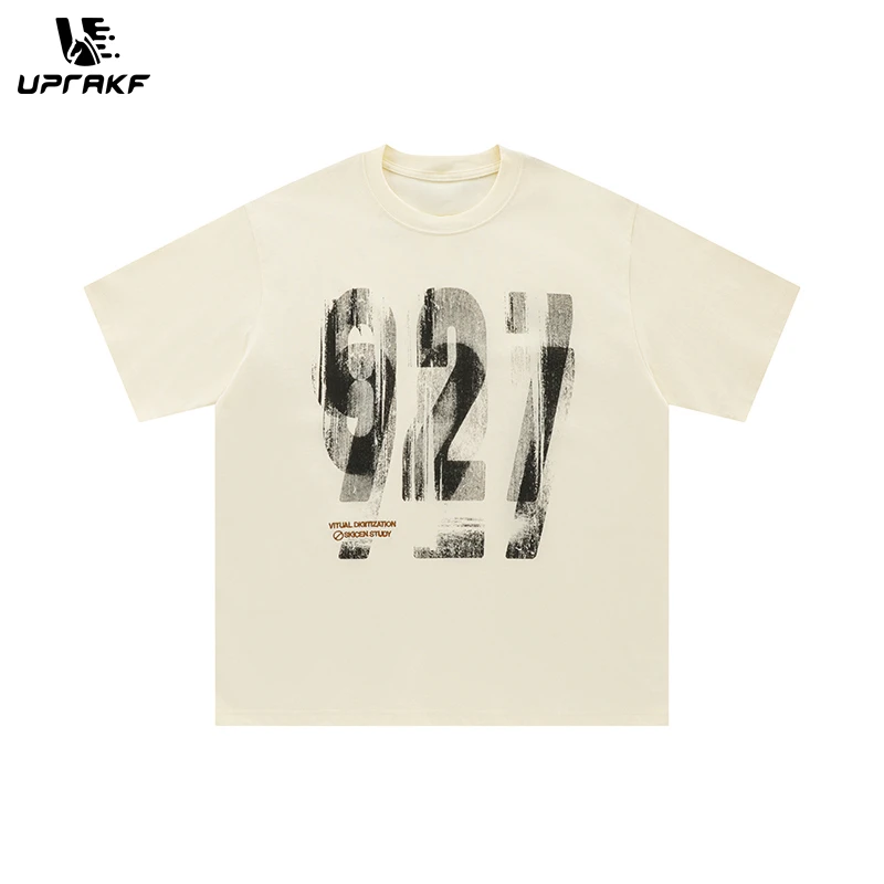 UPRAKF Vague Number Print Streetwear O Neck Oversize T Shirts Short Sleeve Casual Summer Simple Design Tee Trendy