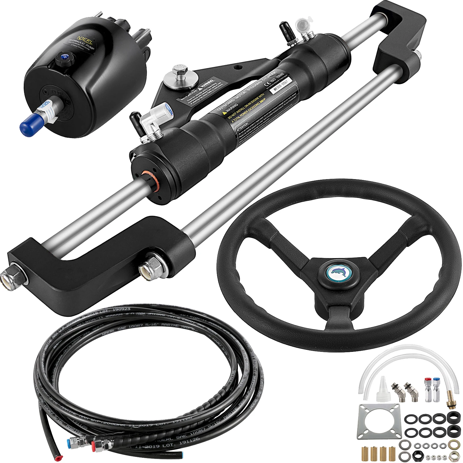 VEVOR 300HP Hydraulic Outboard Steering Kit With Helm Pump Cylinder Wheel 10-24FT Hose HK6400A-3 HO5124 Marine Boat Accessories