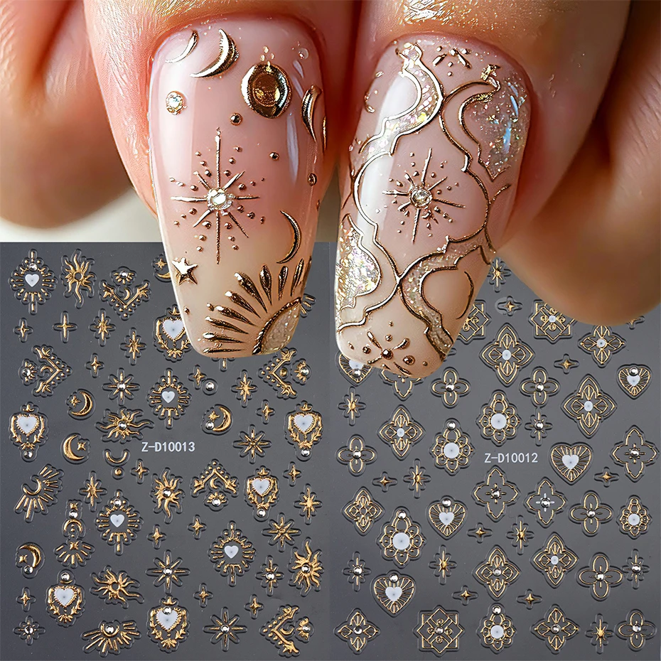 2pcs Gold Silver Nail Art Stickers 3D Embossed Vintage Metallic Nail Decals Heart Star Moon Sun Bohemian Nail Sticker Manicure