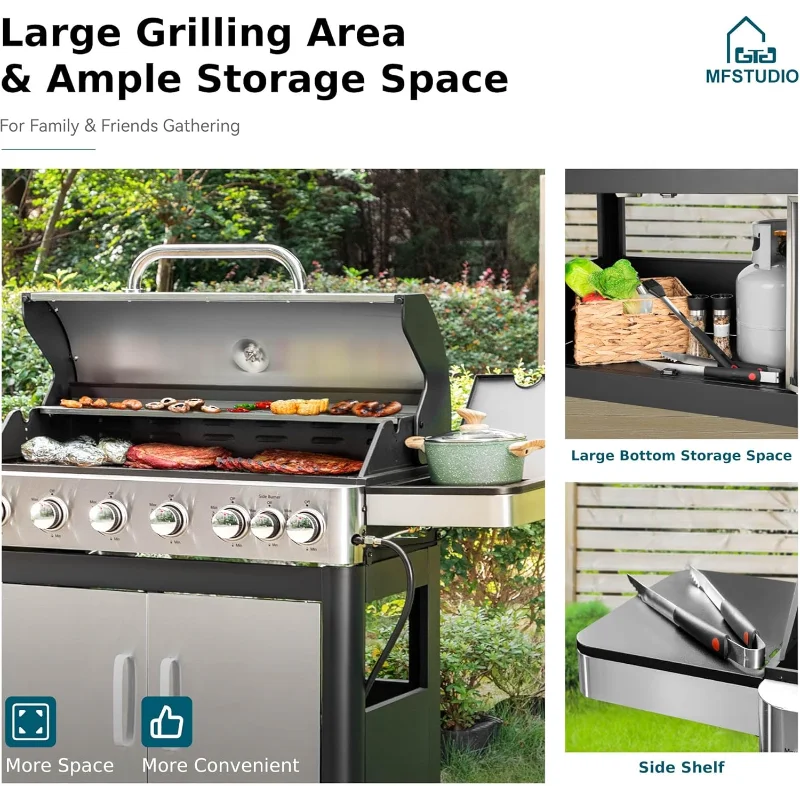 MFSTUDIO 6-Burner Propane Gas Grill, Stainless Steel BBQ Grill with Side Burner and Porcelain-Enameled Cast Iron Grates