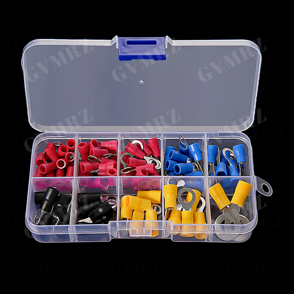 102PCS Red Yellow RV1.25 RV2 RV3.5 RV5.5 Insulated Electrical Wire Cable Connectors Ring Lugs Crimping Terminals Kit Black Blue