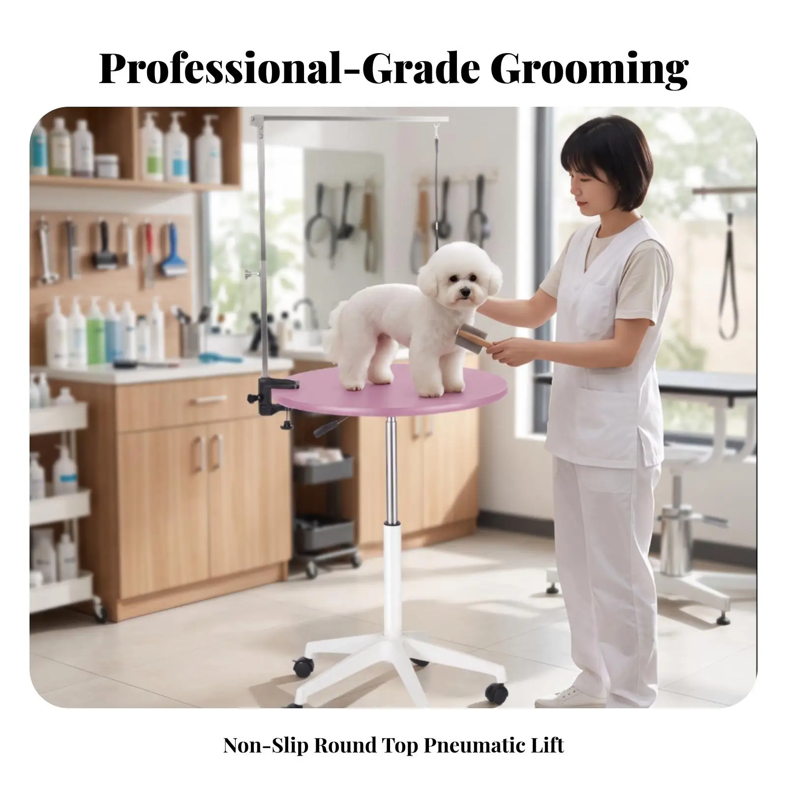 Round Grooming Table with Arm Heavy-Duty Pneumatic Grooming Table Stable for Dog Owners, Home