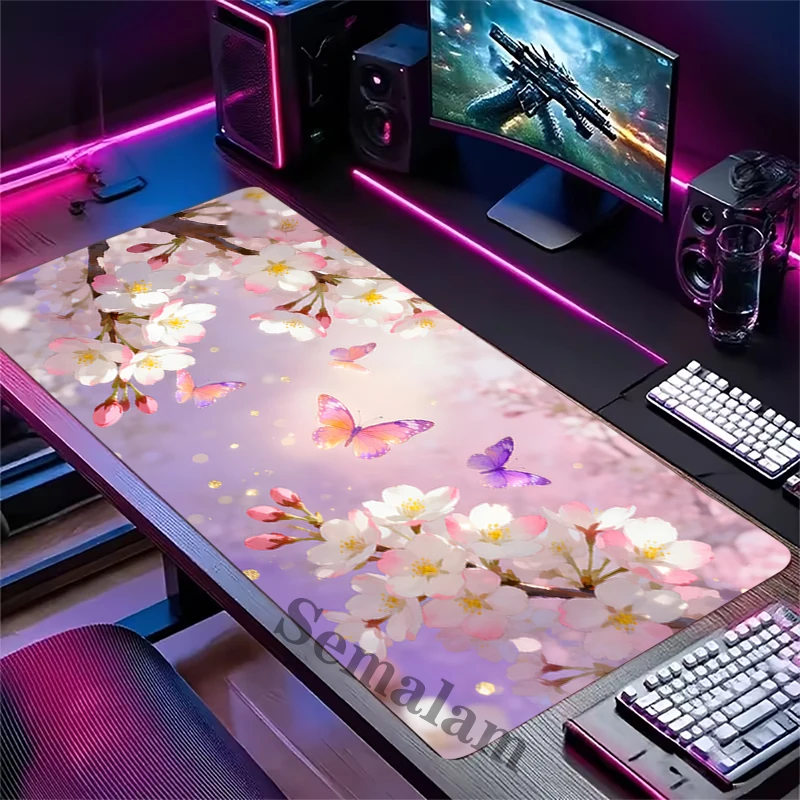 

Милый аниме-коврик для мыши с цветами, XXL, удлиненный игровой коврик для стола, очаровательный, нескользящий, с прошитыми краями, для девочек, студентов, геймеров, декор для ПК и ноутбуков