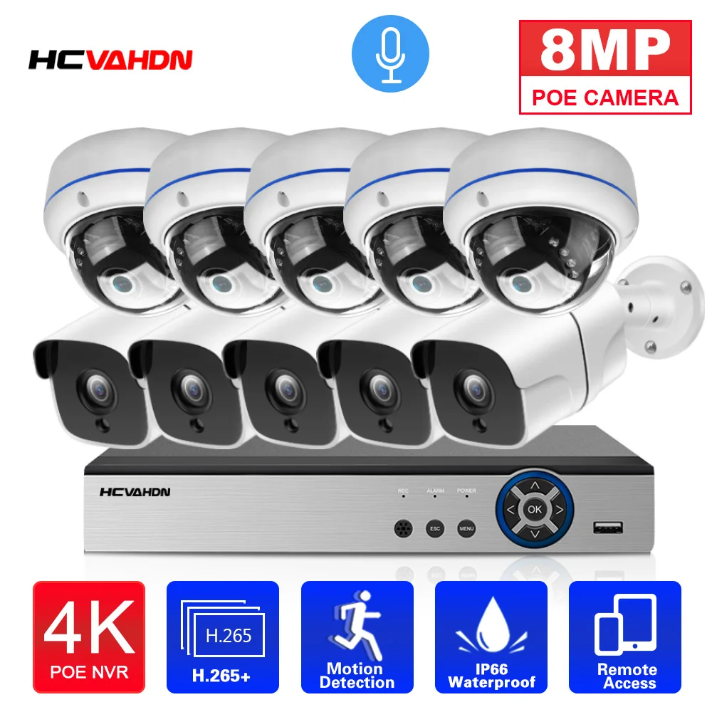 

CCTV POE Security Camera System 4K 10CH POE NVR Kit Outdoor Waterproof Audio IP Camera Video Surveillance System Kit 8MP 4CH 8CH