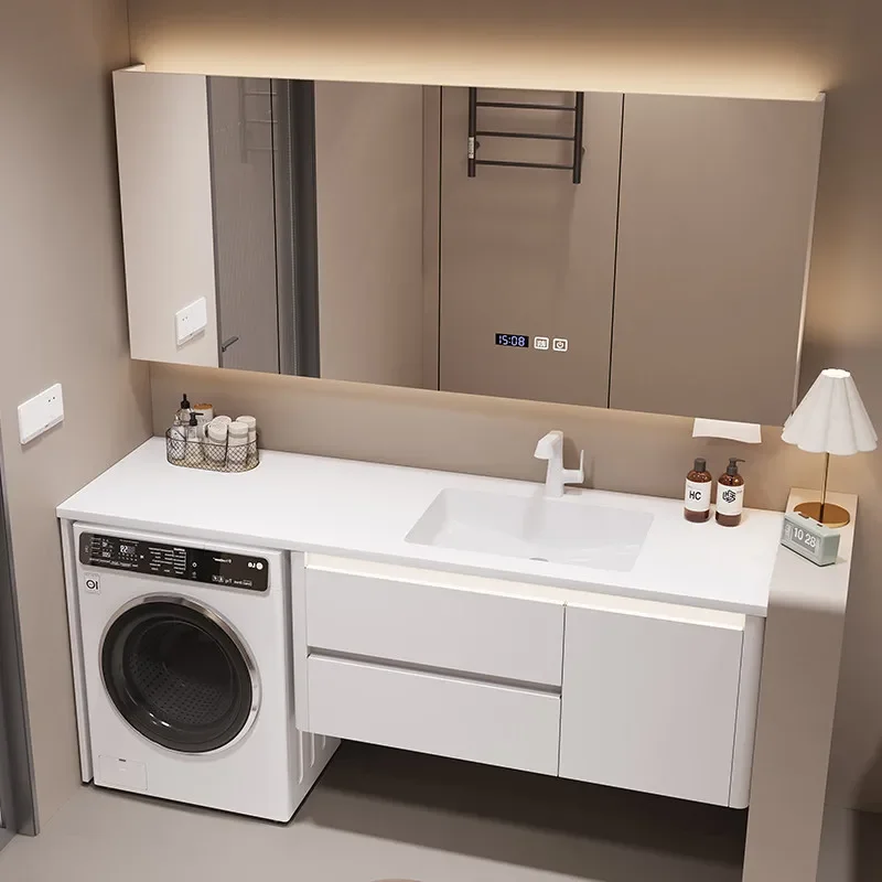 Stainless Steel Bathroom Vanity with Integrated Sink and Laundry Area Rock Slab Countertop Washing Machine Cabinet Combo