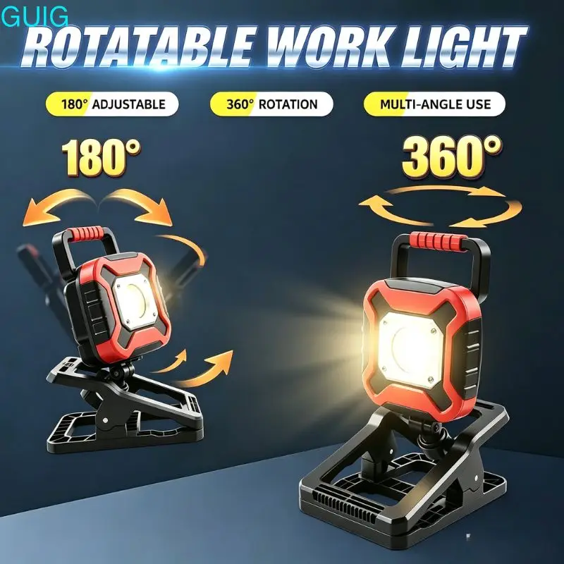 Rechargeable COB Work Light with Clamp & Magnetic Base Portable Flood Lamp LED Emergency Light for Car Repair Workshop Camping