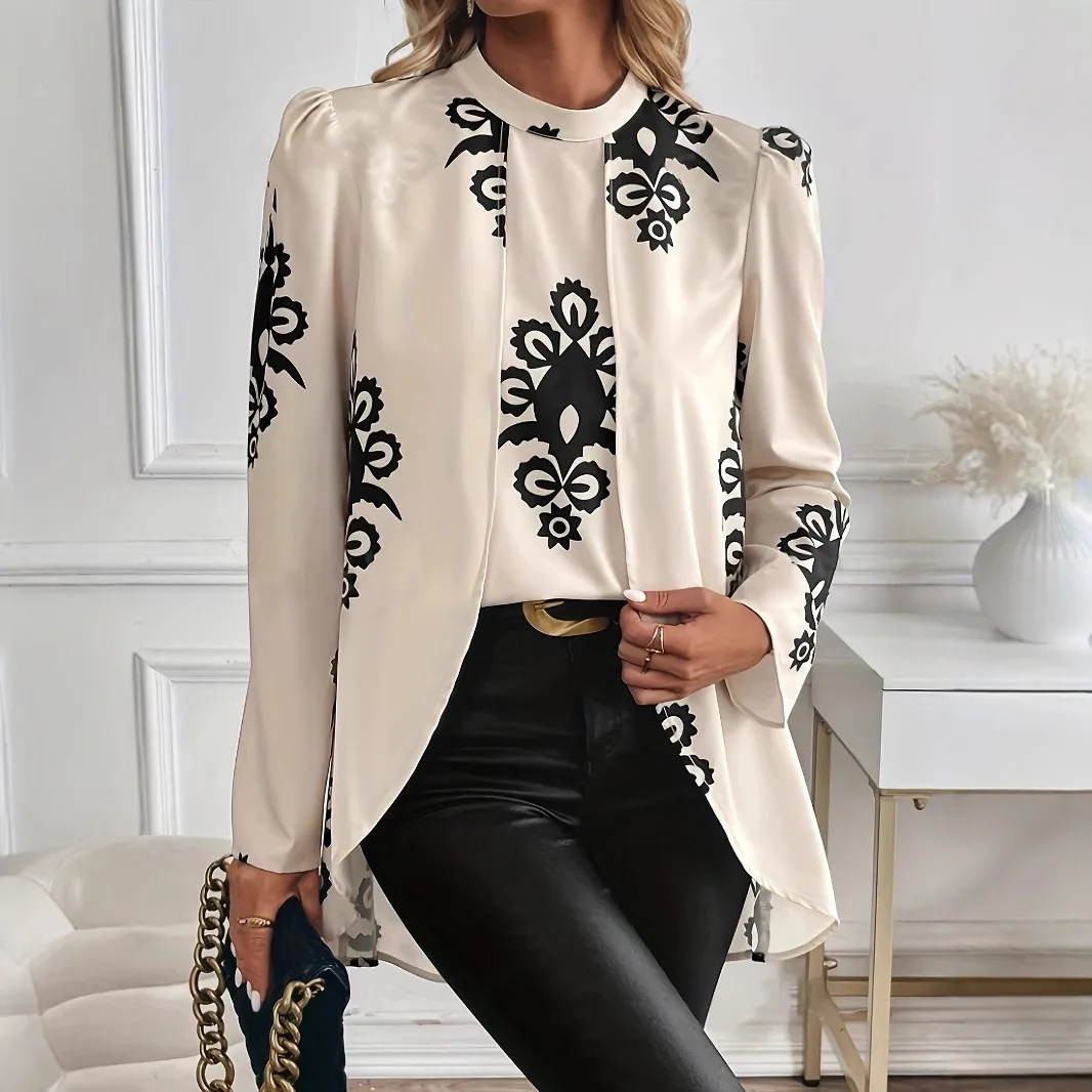 

2026 Fashion Long Sleeve Print Blouses Women Spring Elegant Office Ladies Tops Femme Fake Two Pieces Blouse Shirts Women's Top