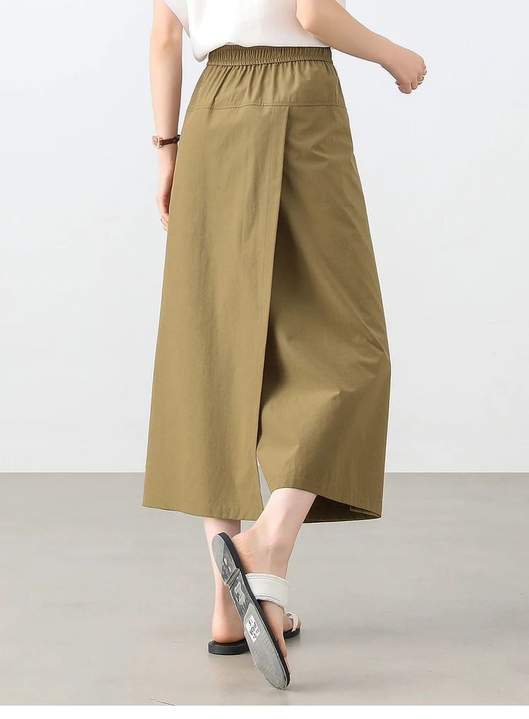 SENTUBILA Patchwork Pants Skirt for Women 2026 Spring A-line Cargo Pant Elastic Waist Casual Loose Slit Solid Trousers 151K57777